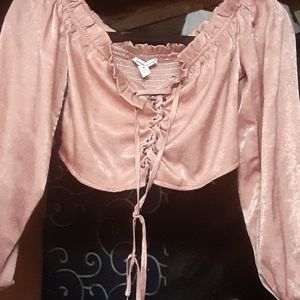 Pink fashion dressy long.sleeve lace up crop top